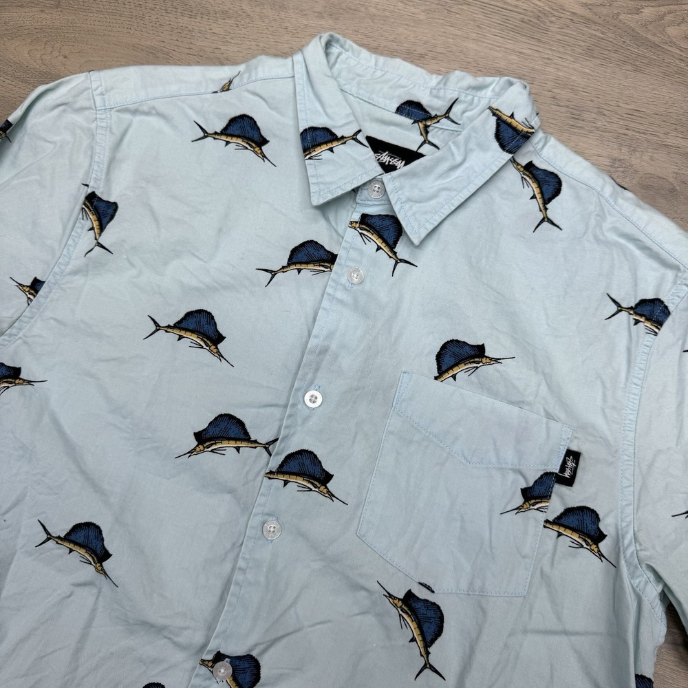 Stussy Sailfish AOP S/S Button Up Shirt Sz M Light Blue